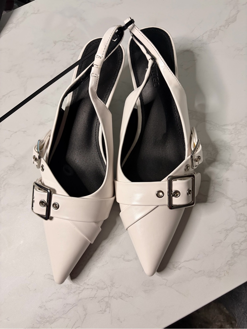 White Pointed Slingback Flats with Buckle Accent